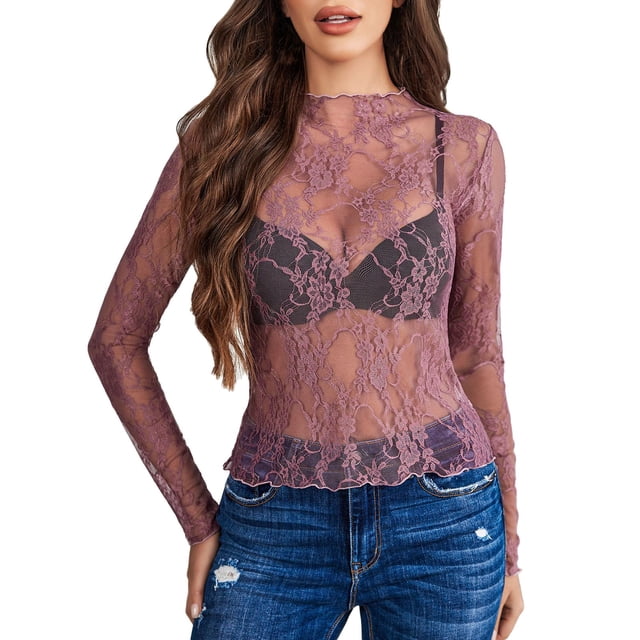 Blusa transparente de manga larga y cuello alto de malla para mujer - Top de encaje floral transparente - 95 % poliéster, 5 % spandex, S-XXL