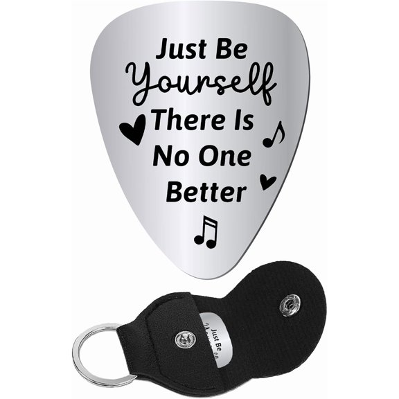 Guitar Plectrums Picks Just Be Yourself There is No One Better Engraved Stainless Steel Music Pick with Leather Keychain Pouch for Acoustic Electric Rock Bass Musician Gifts 1.26 x 1 inch