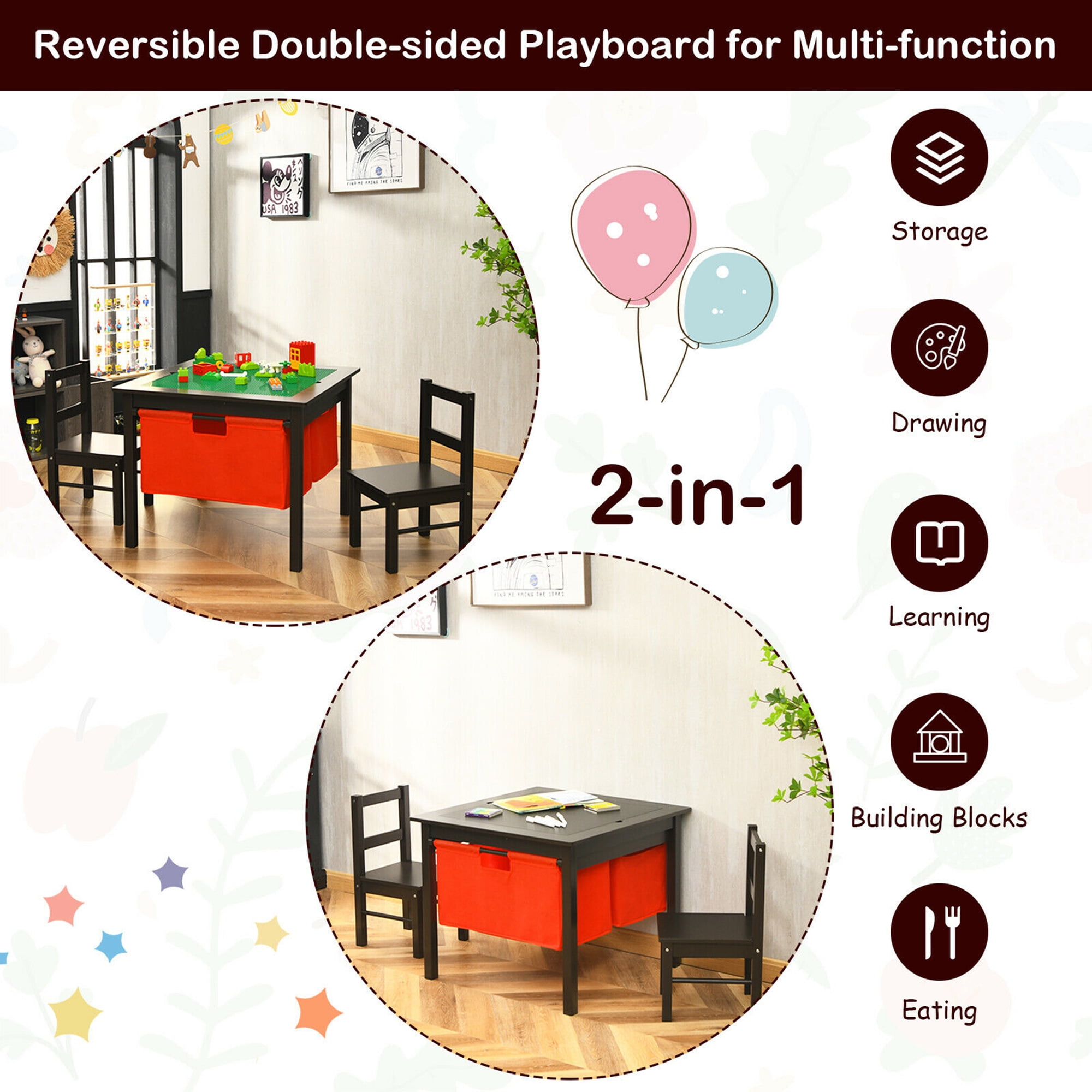 Gymax 2-in-1 Kids Activity Table & 2 Chairs Set w/Storage Building Block Table Espresso