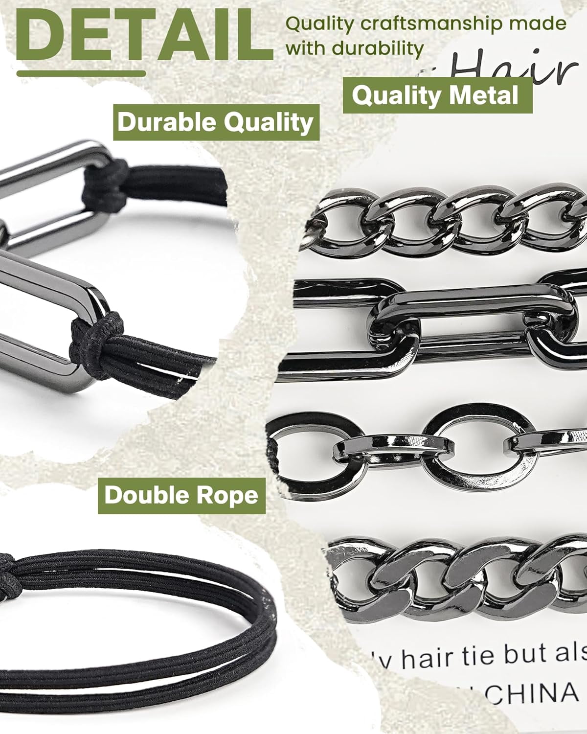 4-Pack Black Hair Ties - Hair Bands for Women's Hair Double as Cute Hair Tie Bracelet, Double Rope Elastic Metal Hair Ties for Thick Hair, No Damage Hair Cuffs for Ponytail,Thin, Curly Hair