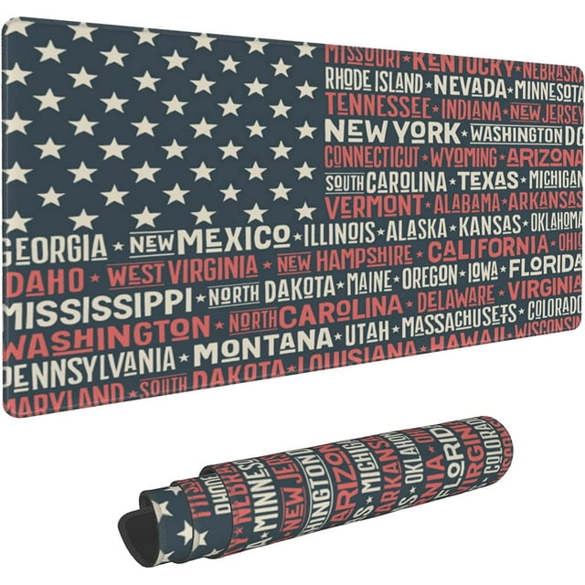Gaming Mouse Pad,Desk Mat Extended Large America Flag with States Name Mouse Pad Mat with Non-Slip Base Stitched Edges Mousepad for Computer,Office,Keyboard and Laptop 31.5''''×15.7''''×0.12''''