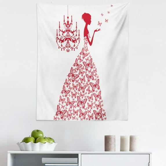 Love Tapestry, Wedding Art Prints Butterflies Cartoon Retro Girls Warm Toned Monochrome Art, Fabric Wall Hanging Decor for Bedroom Living Room Dorm, 5 Sizes, Red and White, by Ambesonne
