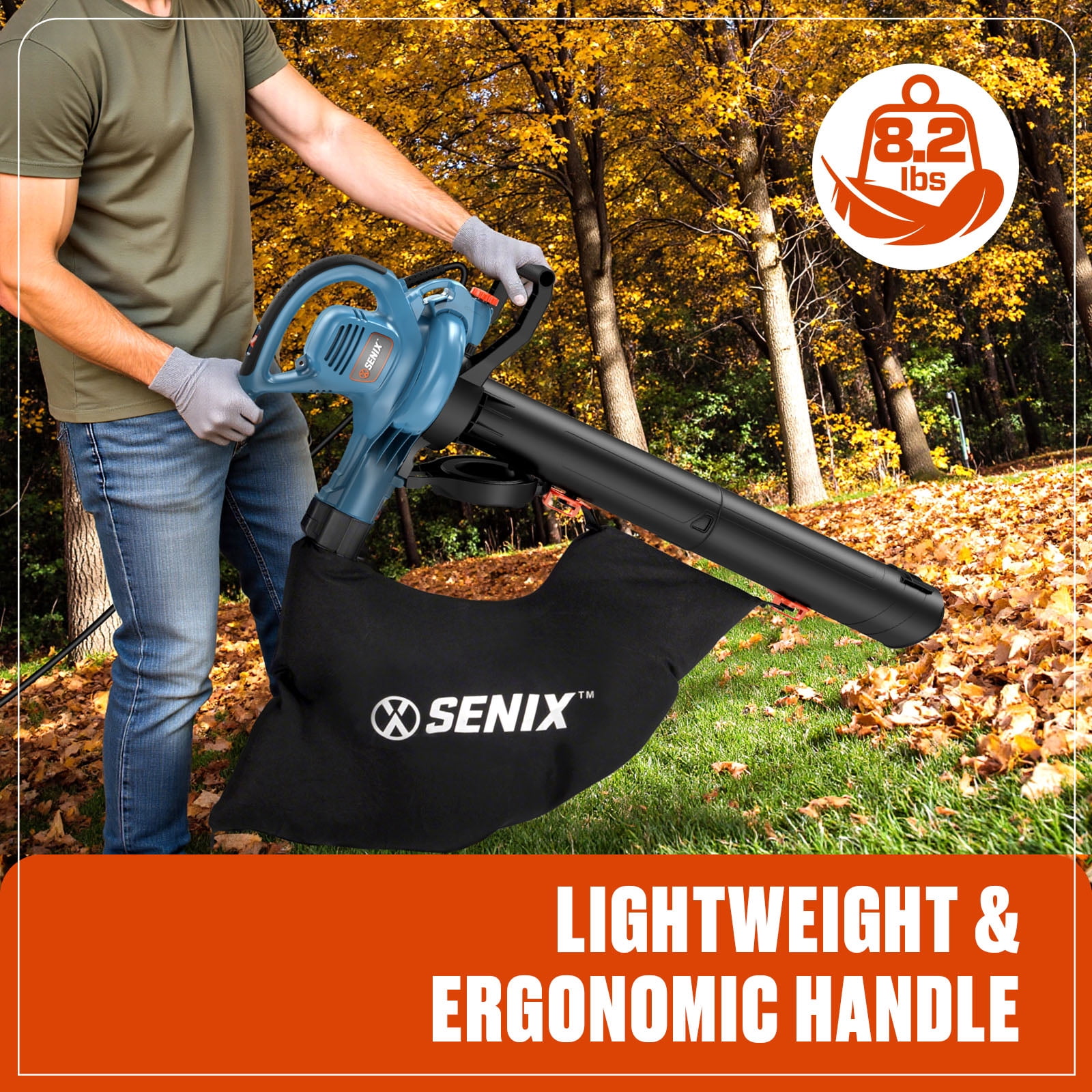 SENIX 120 Volt Max* 12 Amp Corded 3-in-1 Leaf Blower w/Vacuum/Mulcher, Up to 420 CFM and 179 MPH, BLVE12-M