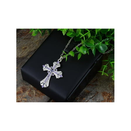 Religious Crystal - Women Silvery Tone Religious Cross Pendant Necklace Lavender Purple Crystal Rhinestones