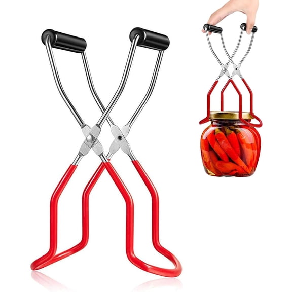 Canning Jar Lifter Tongs, Anti-Slip Stainless Steel Canning Jar Lifter with Safe Grip Handle for Canning Jars Mason Jars, Canning Jar Wide-Mouth Clip (Red)