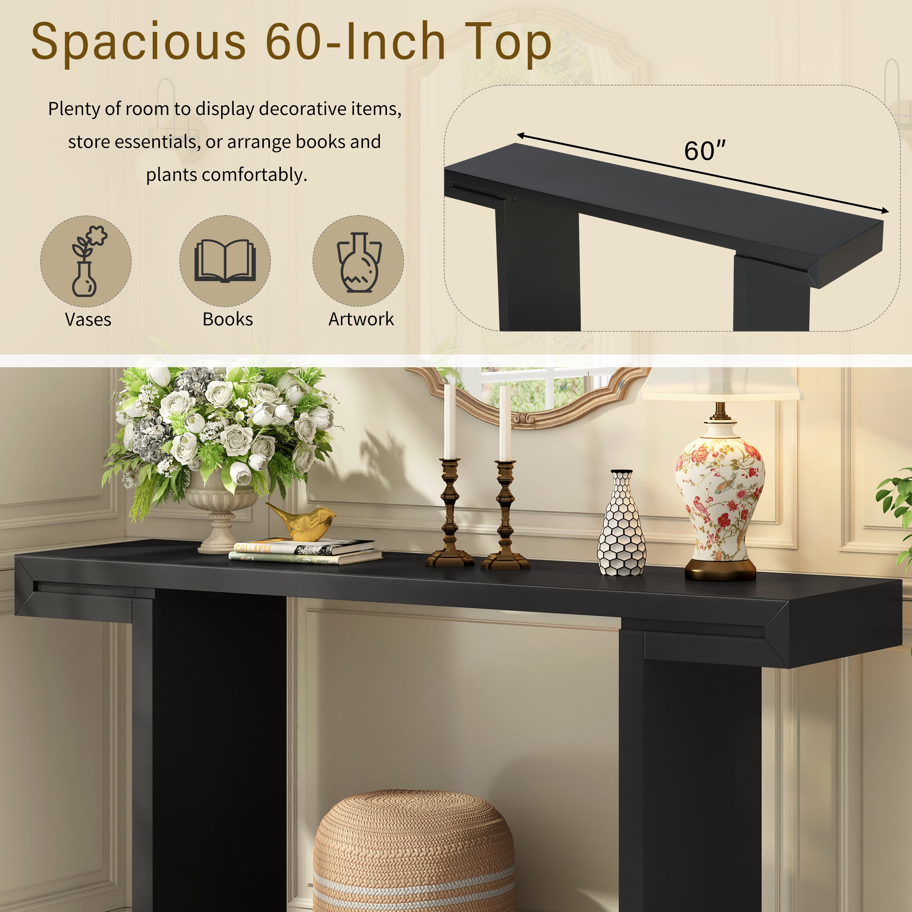 Euroco 60" Long Console Table, Modern Entryway Table with Adjustable Feet for Living Room, Hallway,Entryway,Foyer,Black