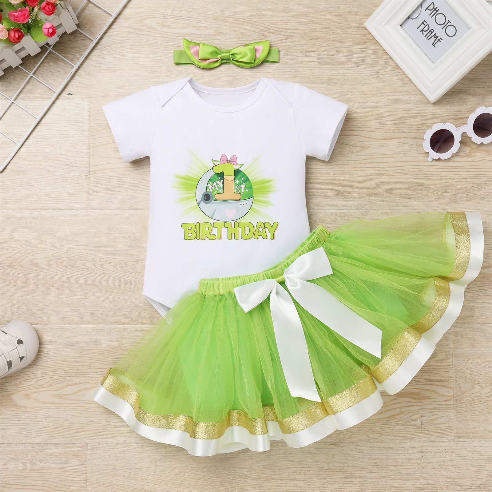 IBTOM CASTLE Infant Baby Girls 1st Birthday Outfits Short Sleeve Romper + Tutu Skirt + Headband 3PCS Set for Cake Smash Photoshoot 1 Year Green