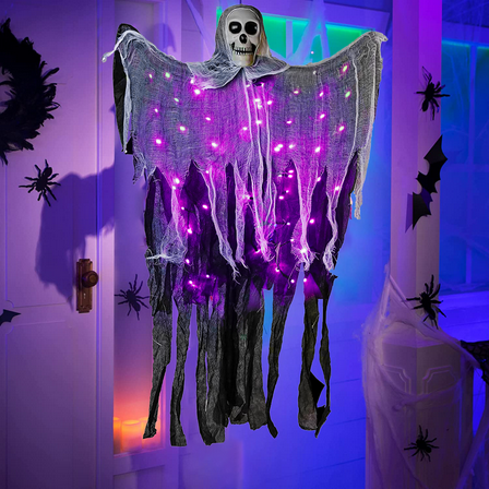 Halloween Hanging Grim Reaper with 60 LED Purple Halloween Lights,2 Lighting Modes Halloween Decoration Waterproof Battery Operated for Indoor/Outdoor Party,Yard,House Decor