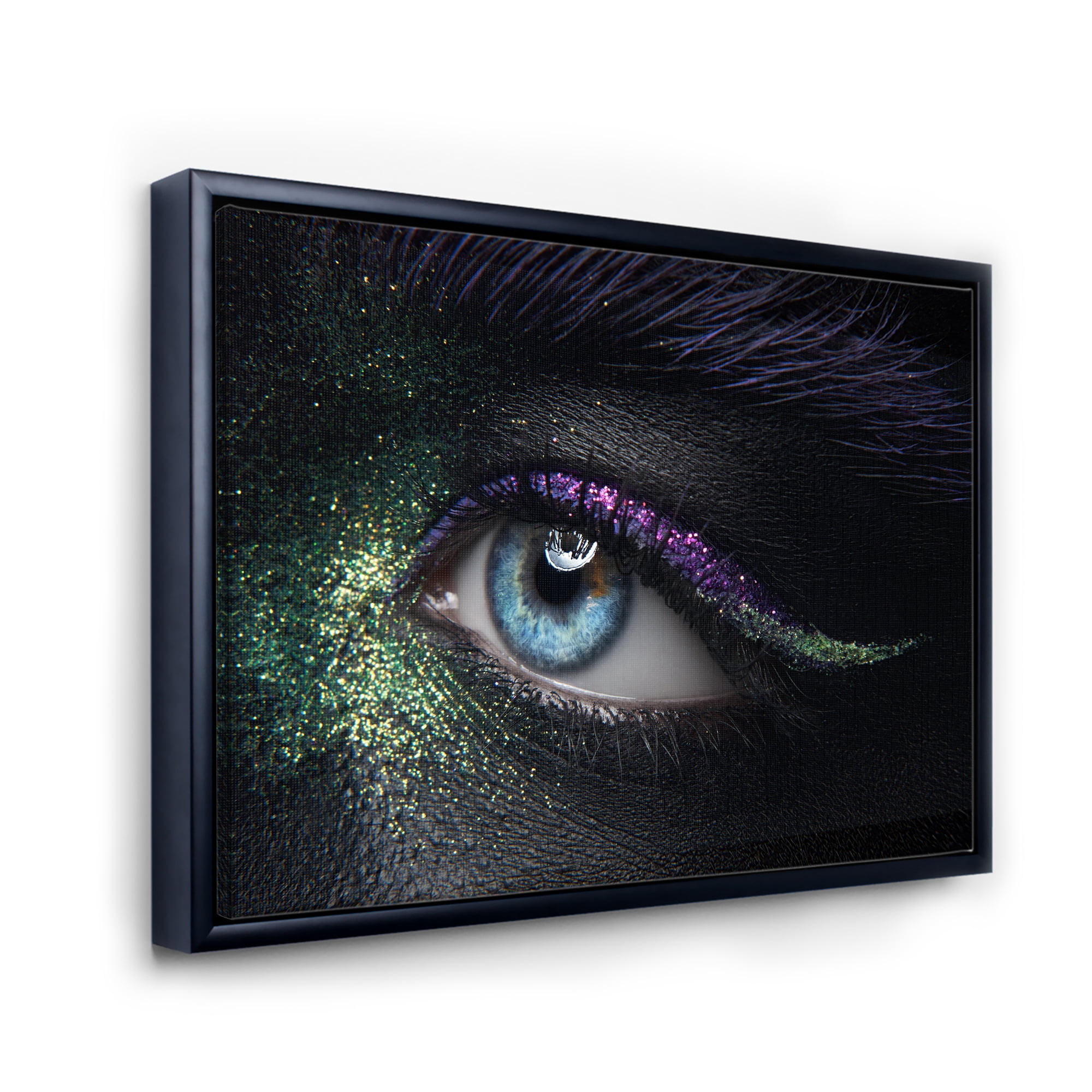 Designart 'Woman Eyes With Green & Purple Pigment & Sparkles' Modern Framed Canvas Wall Art Print