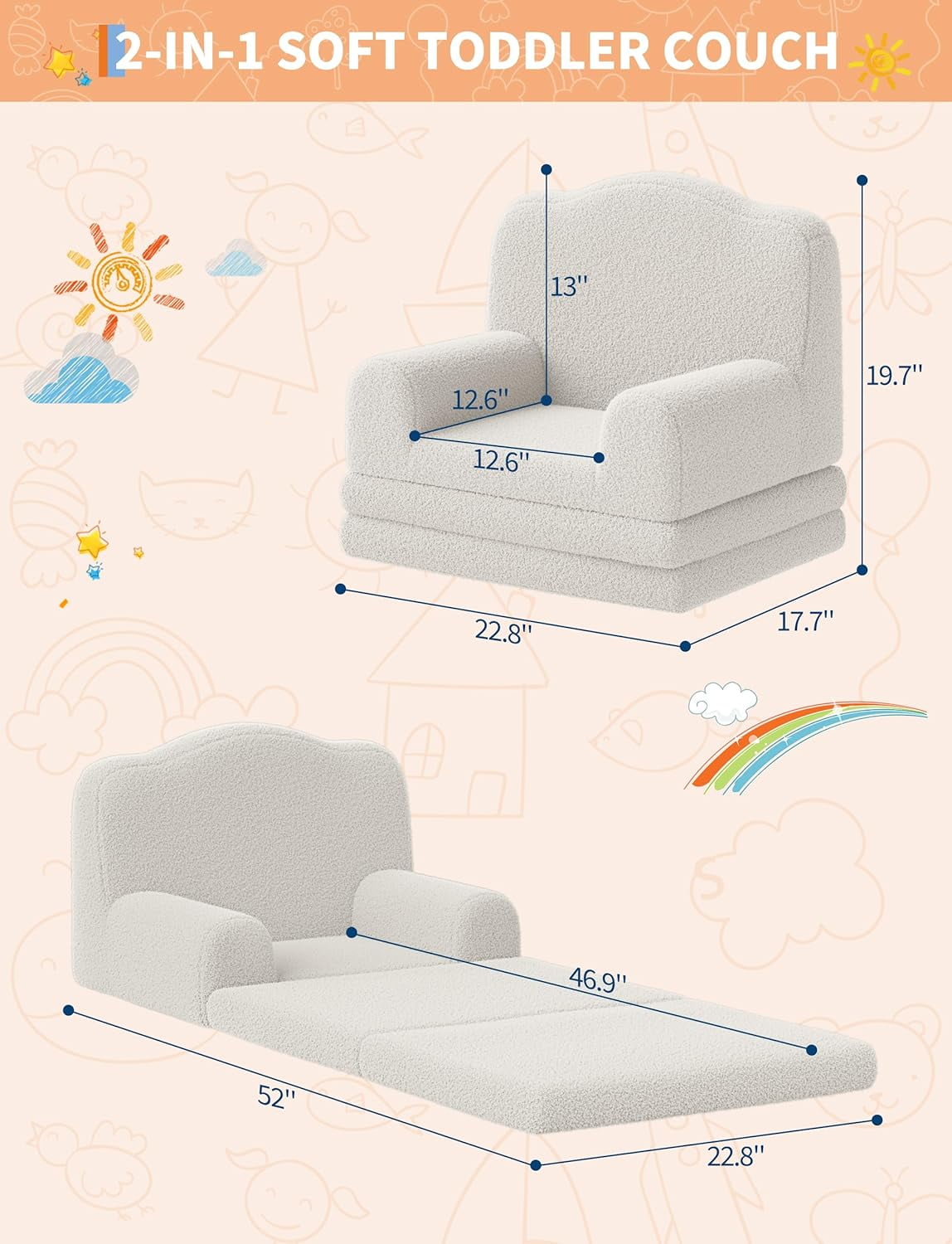 Kids Couch, 2-in-1 Convertible Teddy Fleece Fabric Toddler Sofa Chair, Soft Fold Out Couch Lounger for Kids, Comfy Children's Sofa Bed for Playroom, Nursery, Birthday Gift (White Crown)