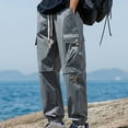 thumbnail image 2 of UVEASISHA Casual Cargo Pants for Men Big and Tall Drawstring Wide Leg Pants Elastic Waist Loose Fit Work Pants Lightweight Fashion Multiple Pockets Hiking Pants Gray M, 2 of 8