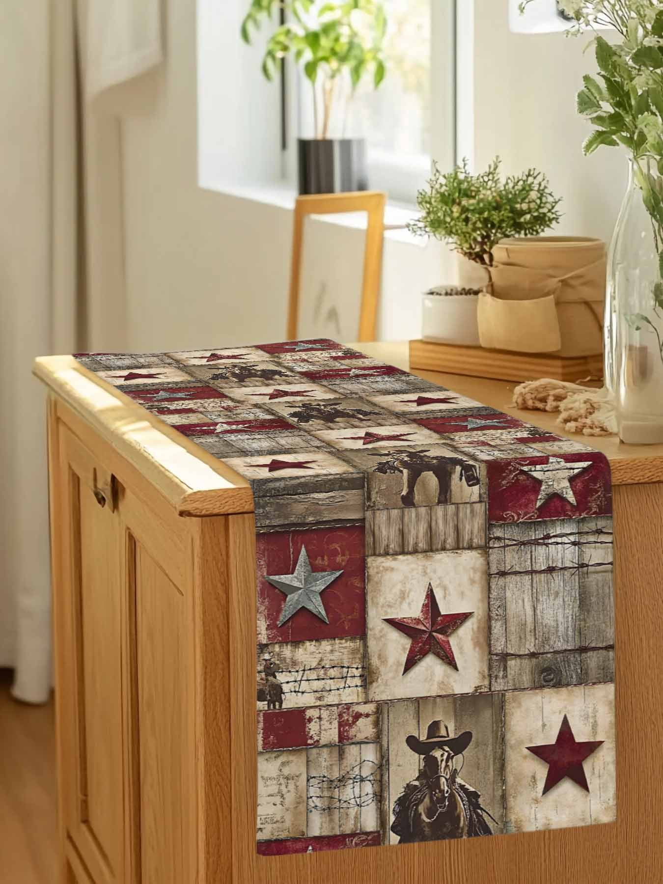 Vintage Texas Western Country Star Table Runner 90 Inches Long, Cowboy Horse Wooden Plank Table Runners Tabletop Scarf Kitchen Dining Tables Decoration for Home Party Indoor Outdoor