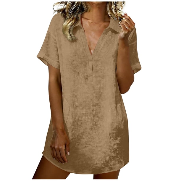 Vestido de Manga Larga para las Mujeres Caída Color Sólido Solapa Bolsillo de Manga Corta, Vestido Corto de Manga Larga para las Mujeres Longitud de Rodilla Casual