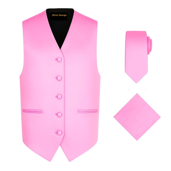Oliver George 3pc Men's Solid Formal Suit Vest Waistcoat Tuxedo Dress Vest Necktie Handkerchief Set For Suit or Tuxedo Pink X-Large