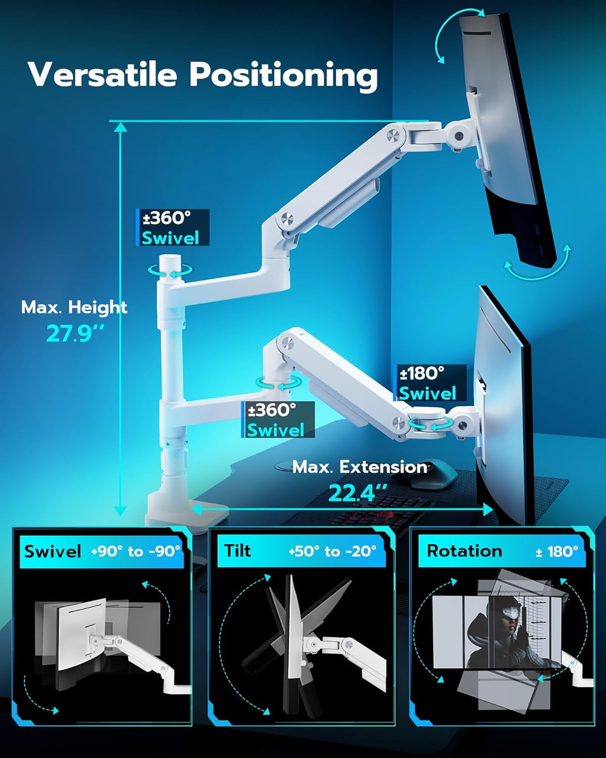 ARES WING Dual Monitor Arm with USB for 17"-49" Ultrawide Screens, Heavy Duty Vertical Gas Spring Dual Monitor Mount for Desk, Adjustable Stacking Double Monitor Stand, VESA 75x75 100x100, White