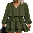 thumbnail image 1 of Women Mini Dress Long Sleeve Lacing Solid Pleated Fall Summer Dress for Daily, 1 of 7