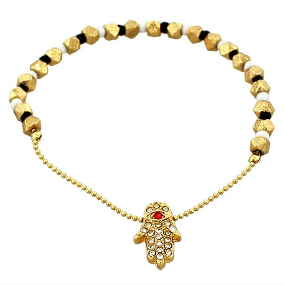 Fashion Alloy Black White Red CZ Gold-Tone Hamsa Evil Eye Beaded Stretch Bracelet
