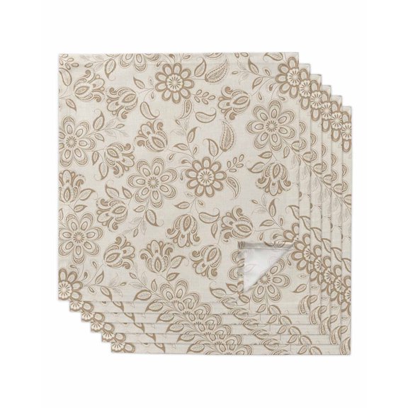 Brown Flowers Cloth Napkins Set of 6 Reusable Dinner Napkins, Vintage Pastoral Farmhouse Ethnic Art Cocktail Napkin Washable Table Napkins for Wedding/Holiday Party/Baby Shower 20"x20"