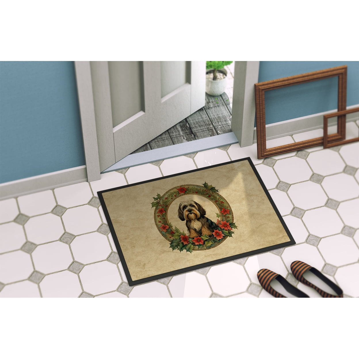 Carolines Treasures DAC2439MAT 18 x 27 in. Unisex Tibetan Terrier Christmas Flowers Doormat
