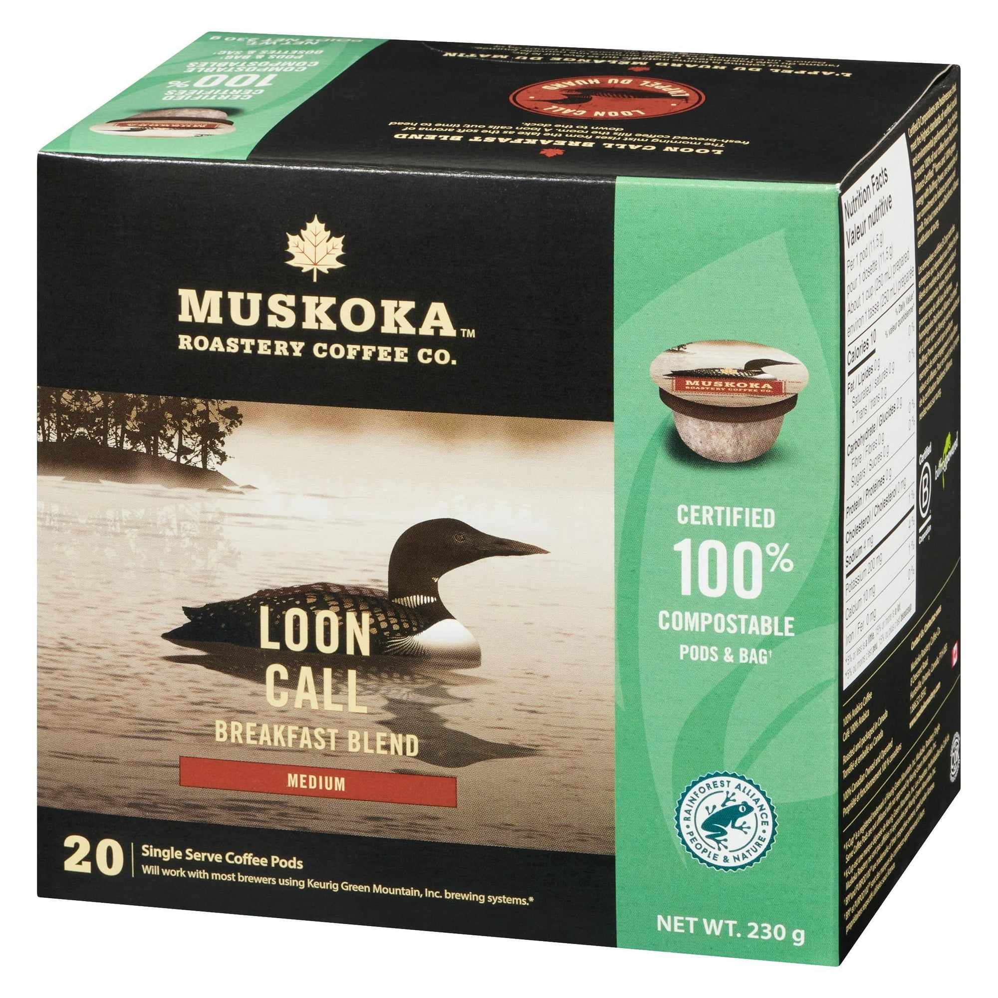 Dosettes de café Mélange Appel du Huard pour le petit-déjeuner de Muskoka Roastery Coffee Co. à torréfaction moyenne en emballage d'une portion