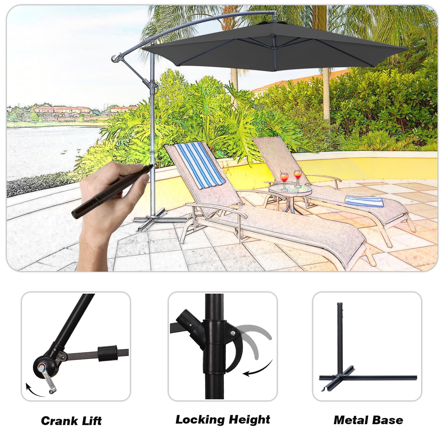 Devoko 10 Ft Patio Offset Cantilever Umbrella Outdoor Market Hanging Umbrellas with Crank & Cross Base, Black