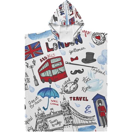 

Englandondonandmark Red Bus British Flag Kids Surf Poncho Changing Robe Children Bathrobe with Hood and Pocket Polyester & Cotton Towel Bath Wetsuit