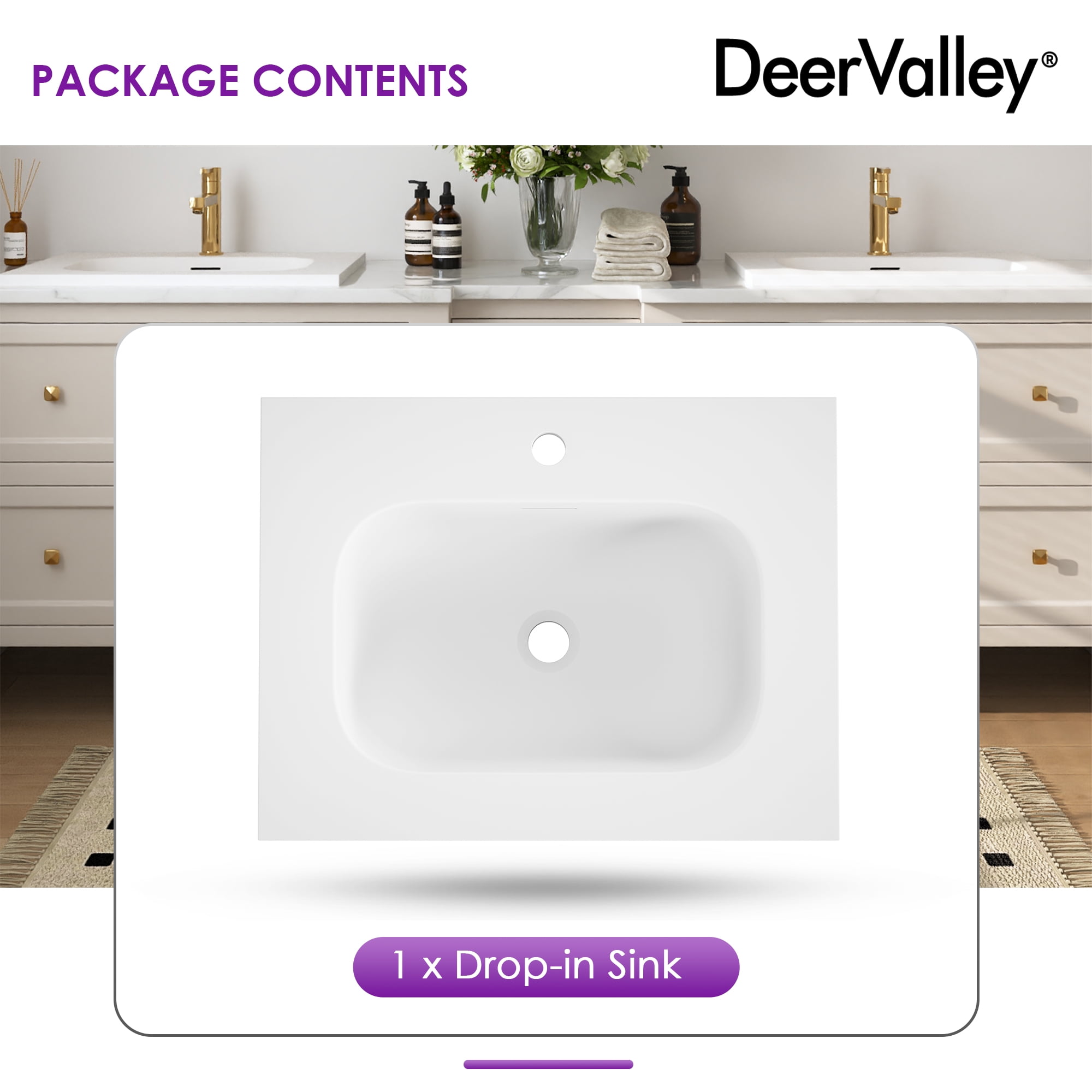 Sleek 24 in. x 18 in. Drop-In Bathroom Sink In White Acrylic with Overflow and Single Faucet Hole