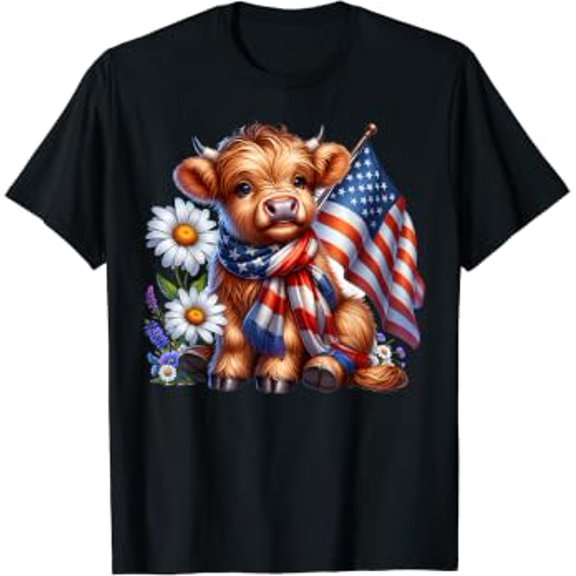 4th Of July Holiday Highland Cow Florals USA Flag Cute T-Shirt, Size S-5XL