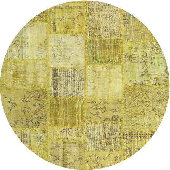 Ahgly Company Machine Washable Indoor Round Contemporary Yellow Area Rugs, 7' Round