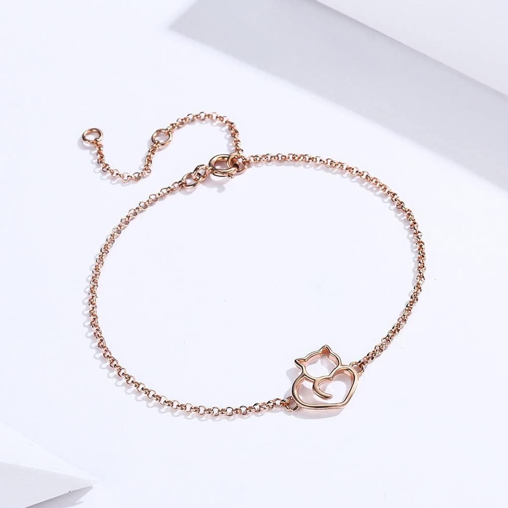 925 Sterling Silver Chain Bracelet with Cat Love Heart Charm Adjustable Plated Gold Bracelets with Chain Length 6.5in-7.9in, Best Jewelry Gift for Girls Women Cat Lovers