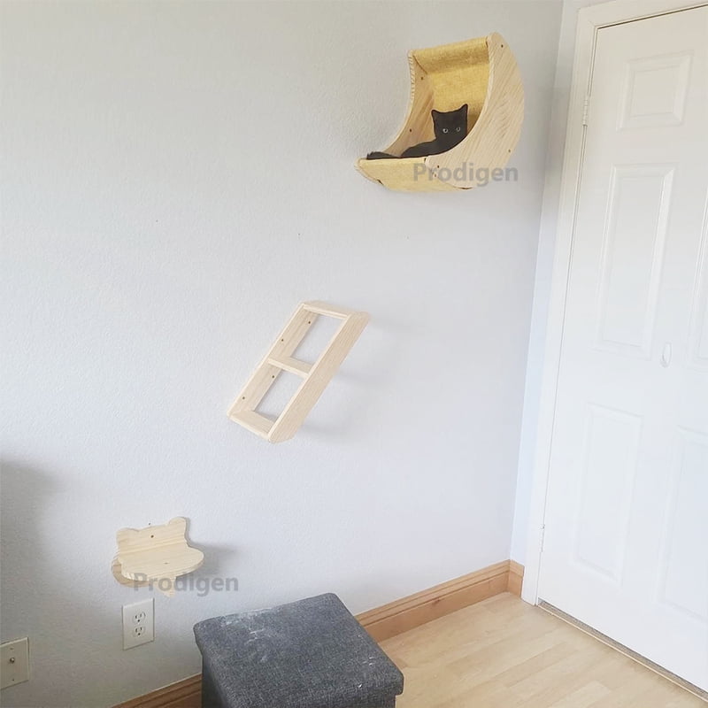 Cat Shelf Wall Hammock Climbing Shelves Moon Shaped And Perches Ladder Solid Wood Steps For Activity Indoor Cats Wall Furniture