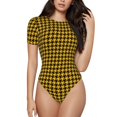 thumbnail image 1 of Bingfone Retro Yellow and Black Houndstooth Pattern Women's Round Neck Bodysuit, Tight Snap Button Short Sleeve Bodysuit, Suitable for Party, Sports, Daily Wear-X-Large, 1 of 7