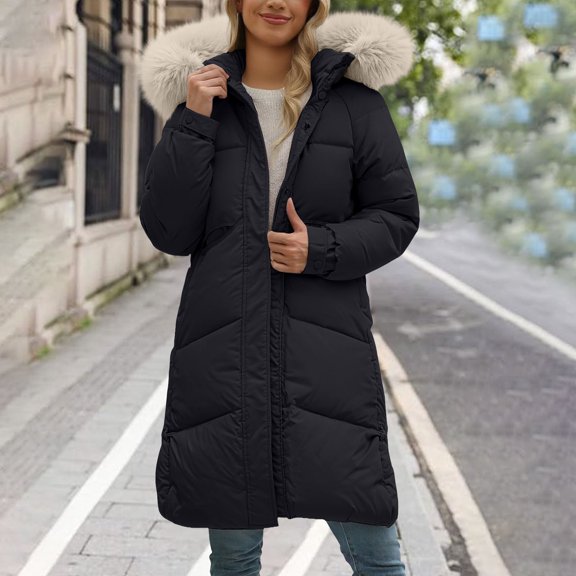 Women's 2026 Korean Style Puffer Coat, Knee Length Oversized Parka, Luxurious Faux Fur Collar Winter Jacket, Thickened Loose Fit Down Alternative Coat Black L