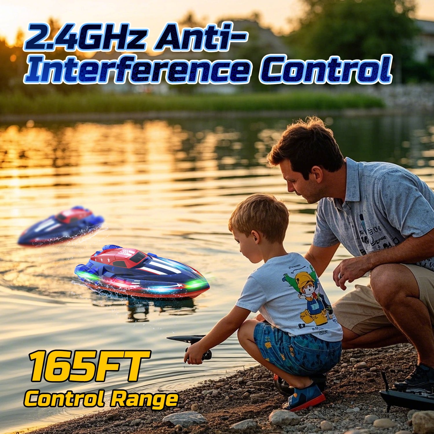 JoyStone RC Boat for Pools and Lakes, 13 Inch Remote Control Boat with LED Lights, 2.4G Racing Boats for Kids & Adults with 2 Rechargeable Battery, Gifts for Boys Girls