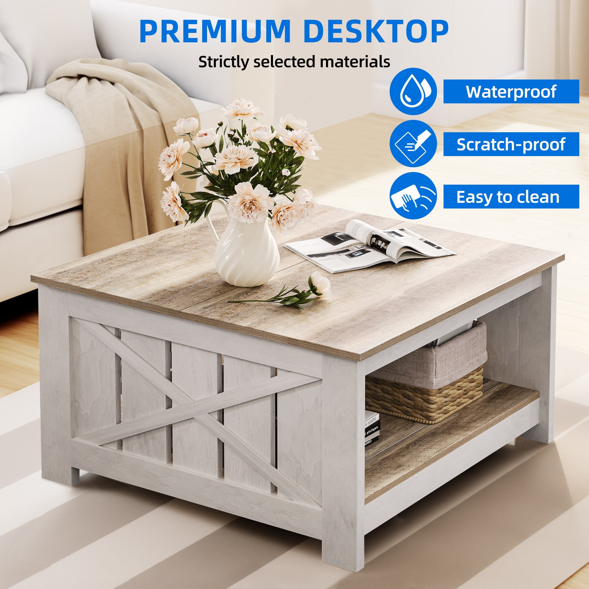 Dextrus Square Coffee Table, Farmhouse Coffee Table with Half Open Storage Compartment, Gray Wash