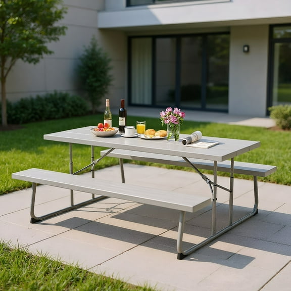 YYAo Folding Picnic Table Set with Metal Frame and All-Weather HDPE Tabletop Umbrella Hole-Gray