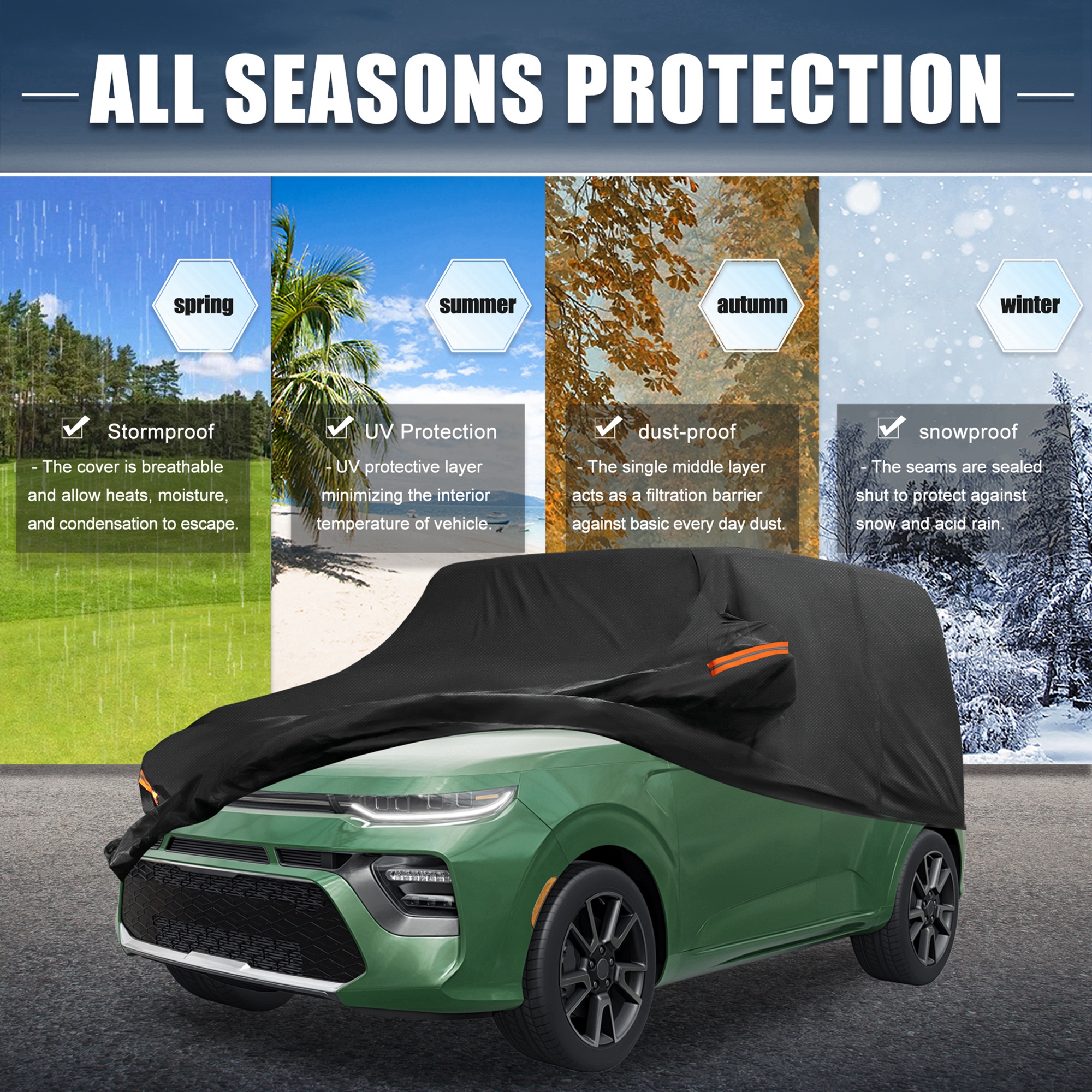Unique Bargains Car Cover 210D-PU Oxford Outdoor Full Car Cover Waterproof Windproof Black for Kia Soul 2009-2024