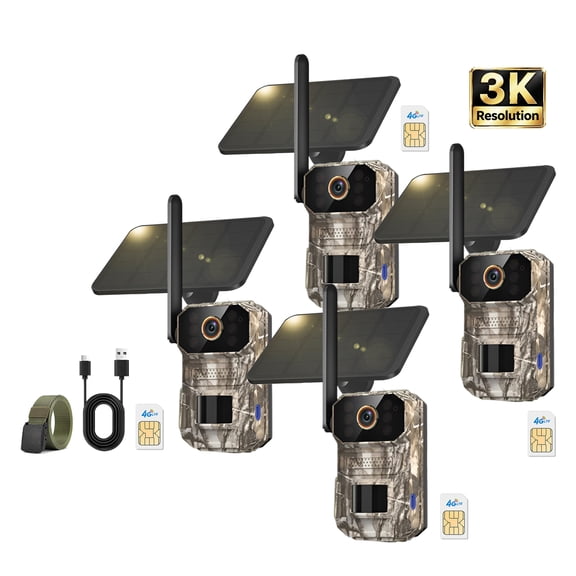 4PCS 3K Cellular Trail Outdoor Camera With Free Solar Panels,featuring infrared night vision, and wide-angle lens - suitable for wildlife observation
