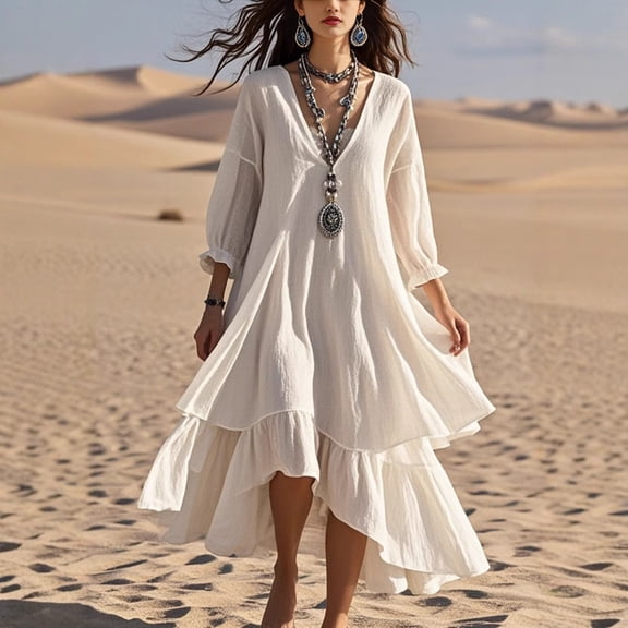 2026 Autumn Women Solid Color V Neck Long Sleeve Ruffles Irregular Loose Dress Women's Fashion Casual Beach Vacation Style Dress