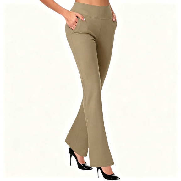 BCSIOAOI Womens Pants,High Waist Slim Flare Leg Pants with Side Pockets Brown M