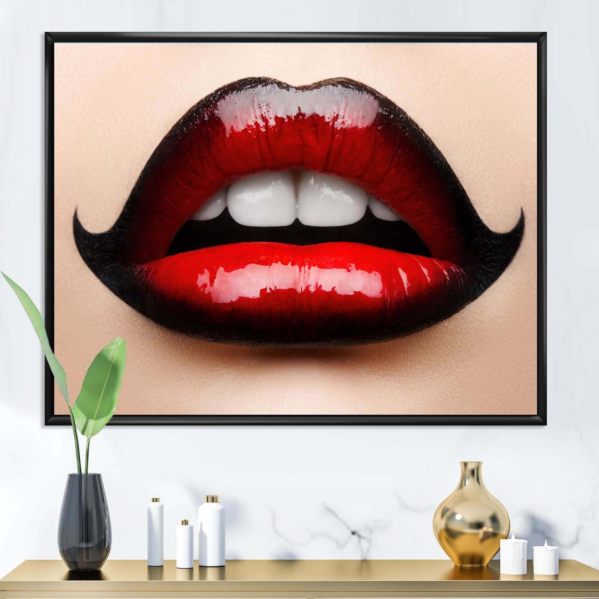 Designart 'Woman Lips With Red and Black Lipstick' Modern Framed Canvas Wall Art Print