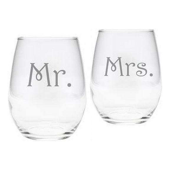 Mr & Mrs Bride & Groom Set of 2 15oz Stemless Wine Glasses