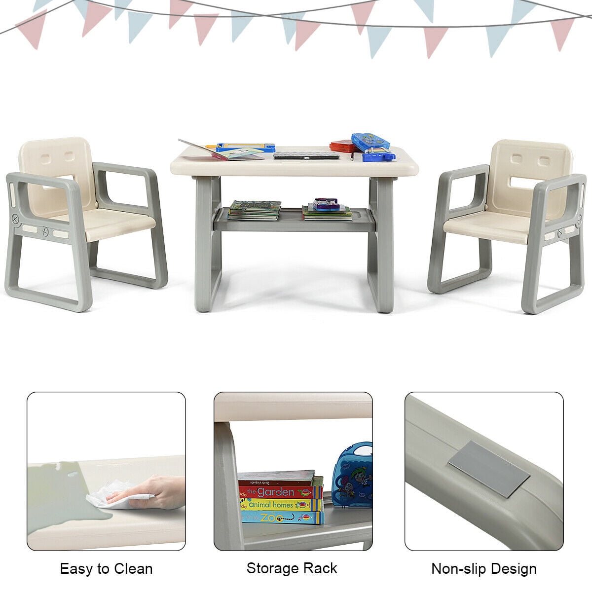 Gymax Kids Table and 2 Chairs Set Toddler Table w/ Storage Shelf For Baby Gift White