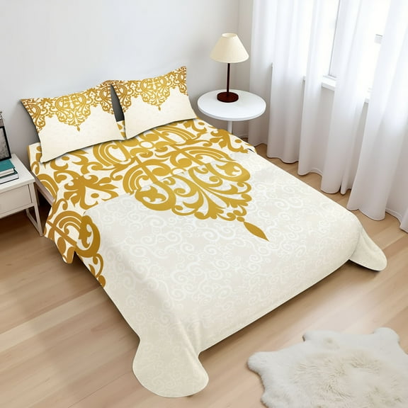 Ambesonne Victorian Fitted & Top Sheet Set with Shams, Medieval Baroque Art, Pale Brown Cream