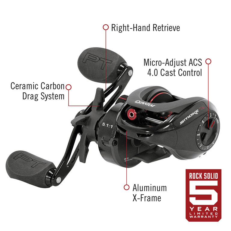 Quantum Smoke Baitcast Fishing Reel, Size 100 Reel, Right-Hand Retrieve,  Large EVA Handle Knobs and Continuous Anti-Reverse Clutch, 10+1 Bearings,  5.1:1 Gear Ratio, Black 
