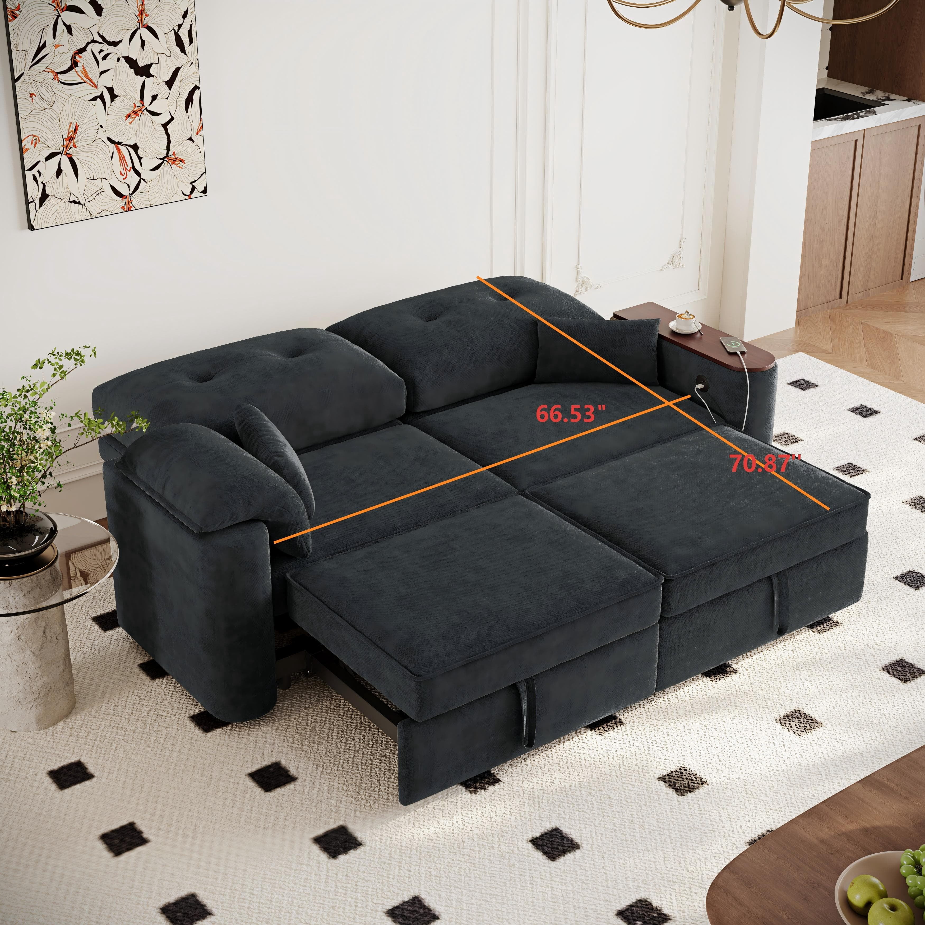Aukfa 82" 3-in-1 Convertible Sleeper Sofa, Modern Chenille Queen Pull-Out Sofa Bed with USB/Type-C Ports & Rotating Side Table for Living Room & Apartment,Black
