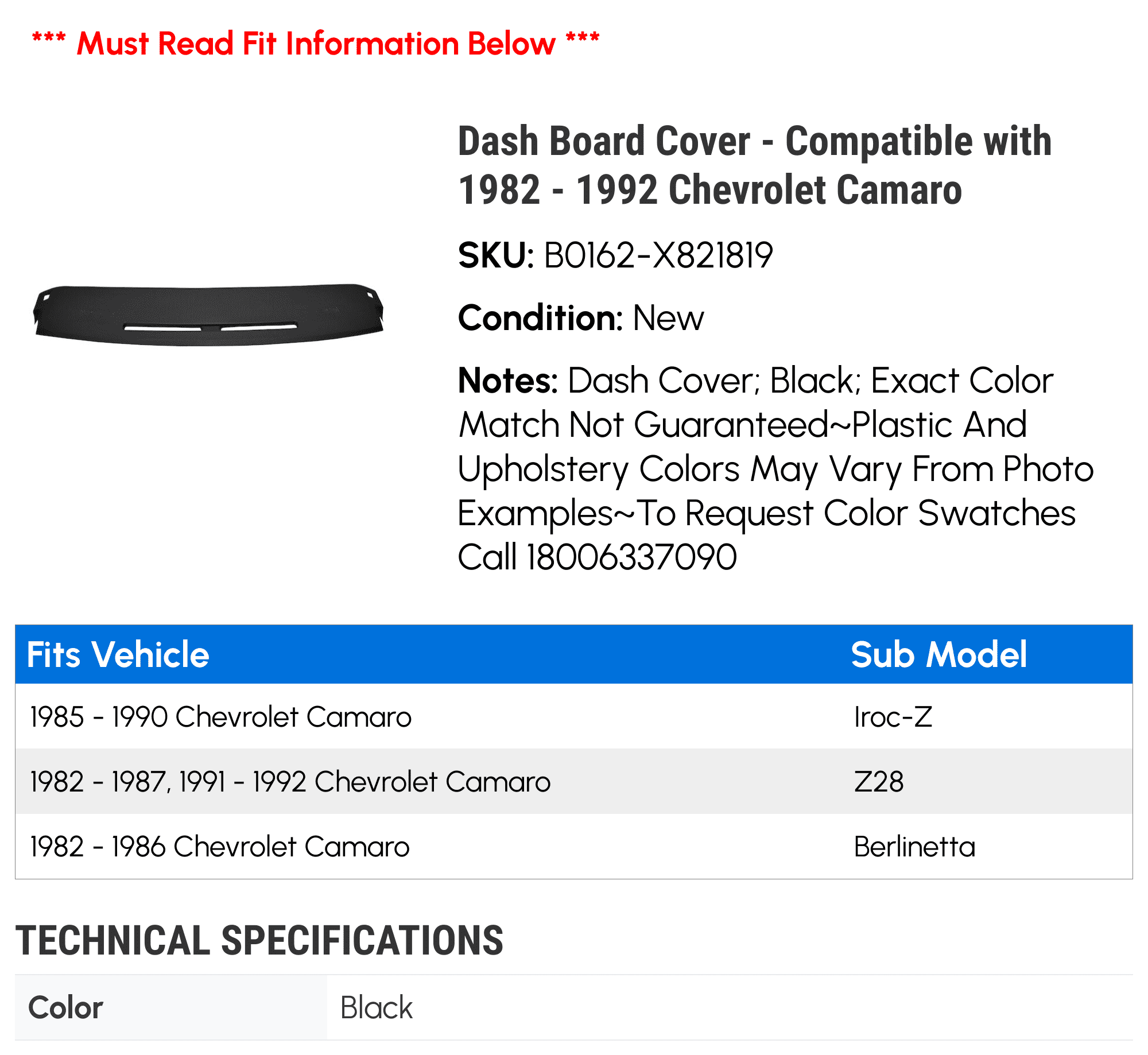 Dash Board Cover - Compatible with 1982 - 1992 Chevy Camaro 1983 1984 1985 1986 1987 1988 1989 1990 1991
