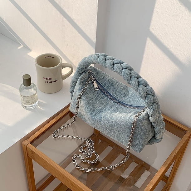 Xiao Hua Bolso de hombro tejido para mujer, bolso de mano y neceser, elegante bolso de playa de verano, 30 x 10 x 14 cm (azul claro).