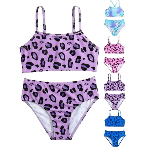 Kids Girls Tankinis Two Pieces Swimsuits Hawaiian Beach Sport Leopard/Mermaid Bathing Suit Set for 7-14 Years