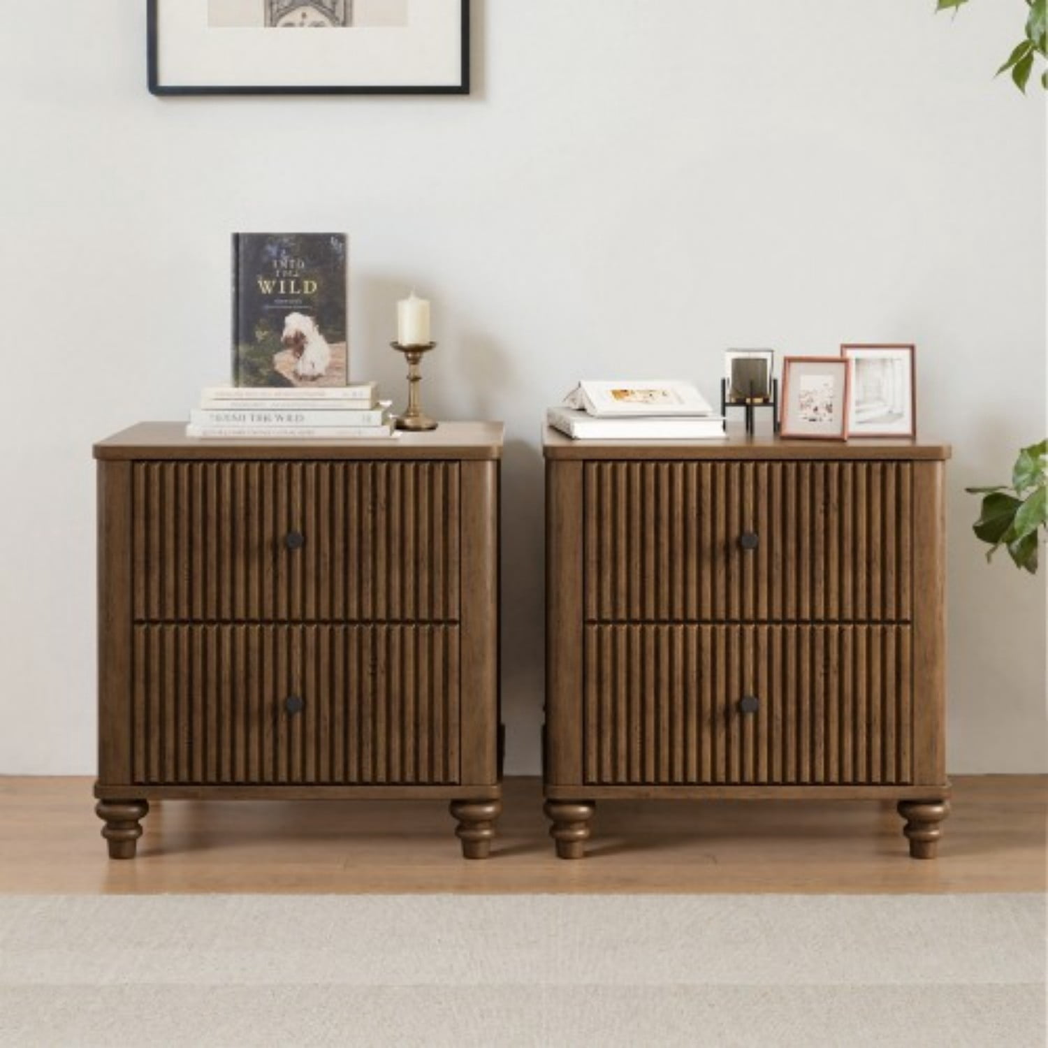 Fluted Nightstand Set of 2, 21.65" Wide Mid Century Modern Bedside Table with 3 Drawers, Wood Storage End Table with Metal Handles for Bedroom Living Room, Walnut